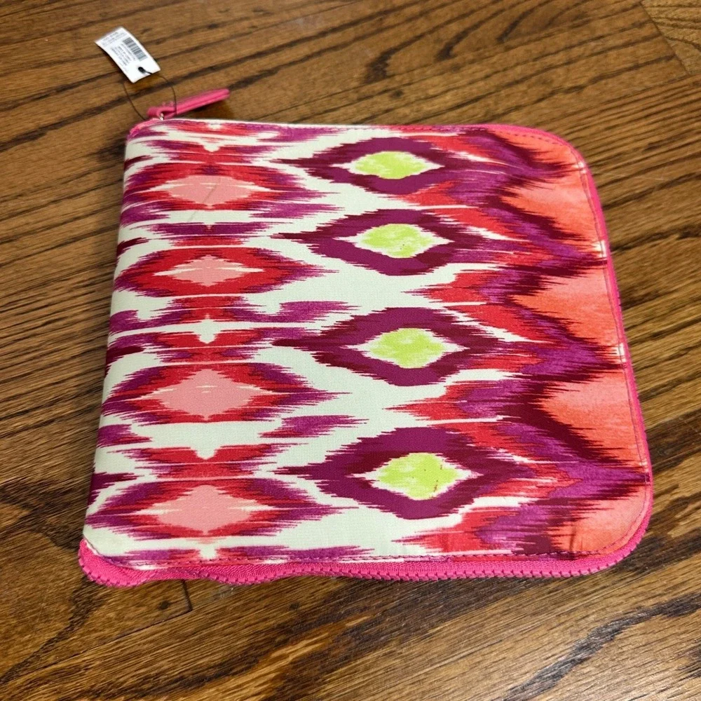 Chicos Packable Tote Bag Ikat Pink Orange Geometric Foldable Travel Purse NWT